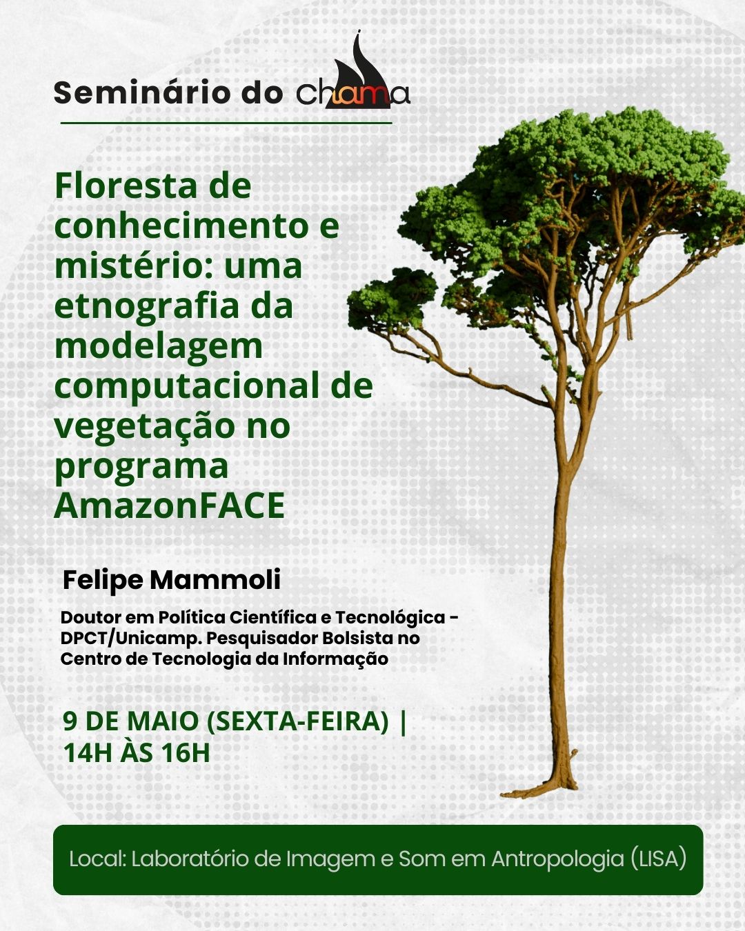 Coletivo de Antropologia CHAMA promove Seminário: "Floresta de Conhecimento e Mistério: Uma etnografia da modelagem computacional de vegetação no Programa AmazonFACE"